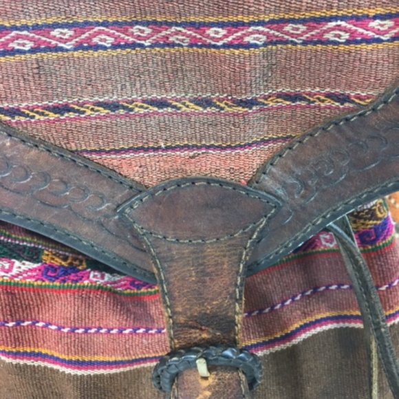 Genuine Leather Rainbow Woven Natural Dyes Textile Backpack Made in Bolivia BOHO - Picture 5 of 16